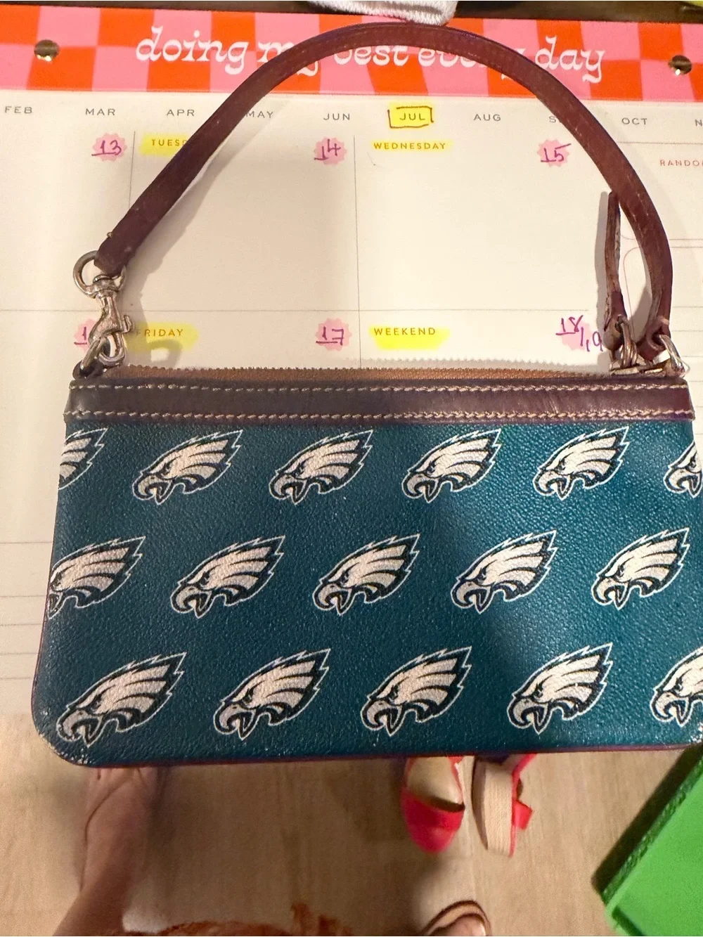 Dooney & Bourke Teal, White & Brown Eagles Wristlet